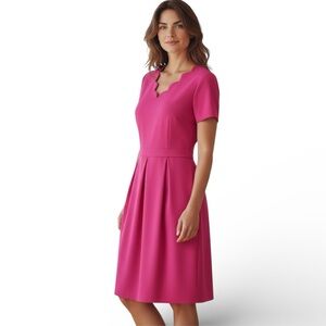 Tahari Fuchsia Scalloped Neck Pleated Midi Dress Size 4